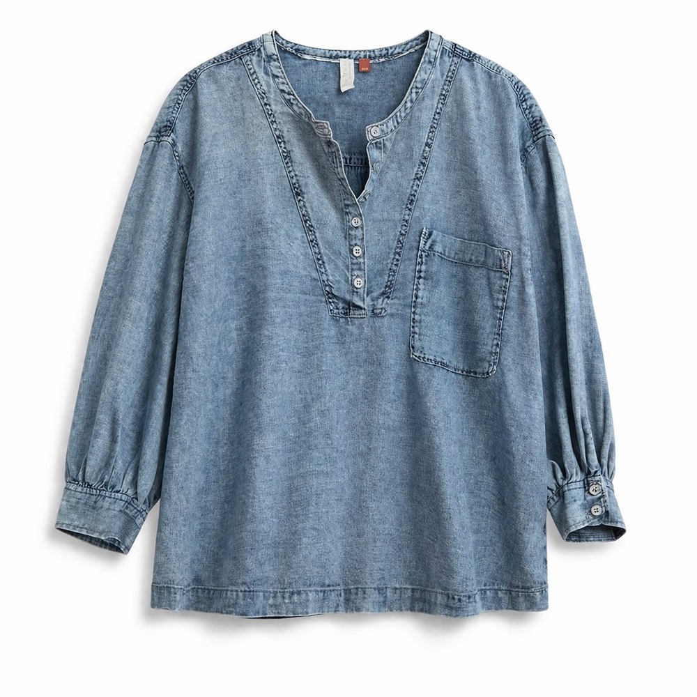 Pilcro Light Wash Denim Henley Tunic in Blue Medium